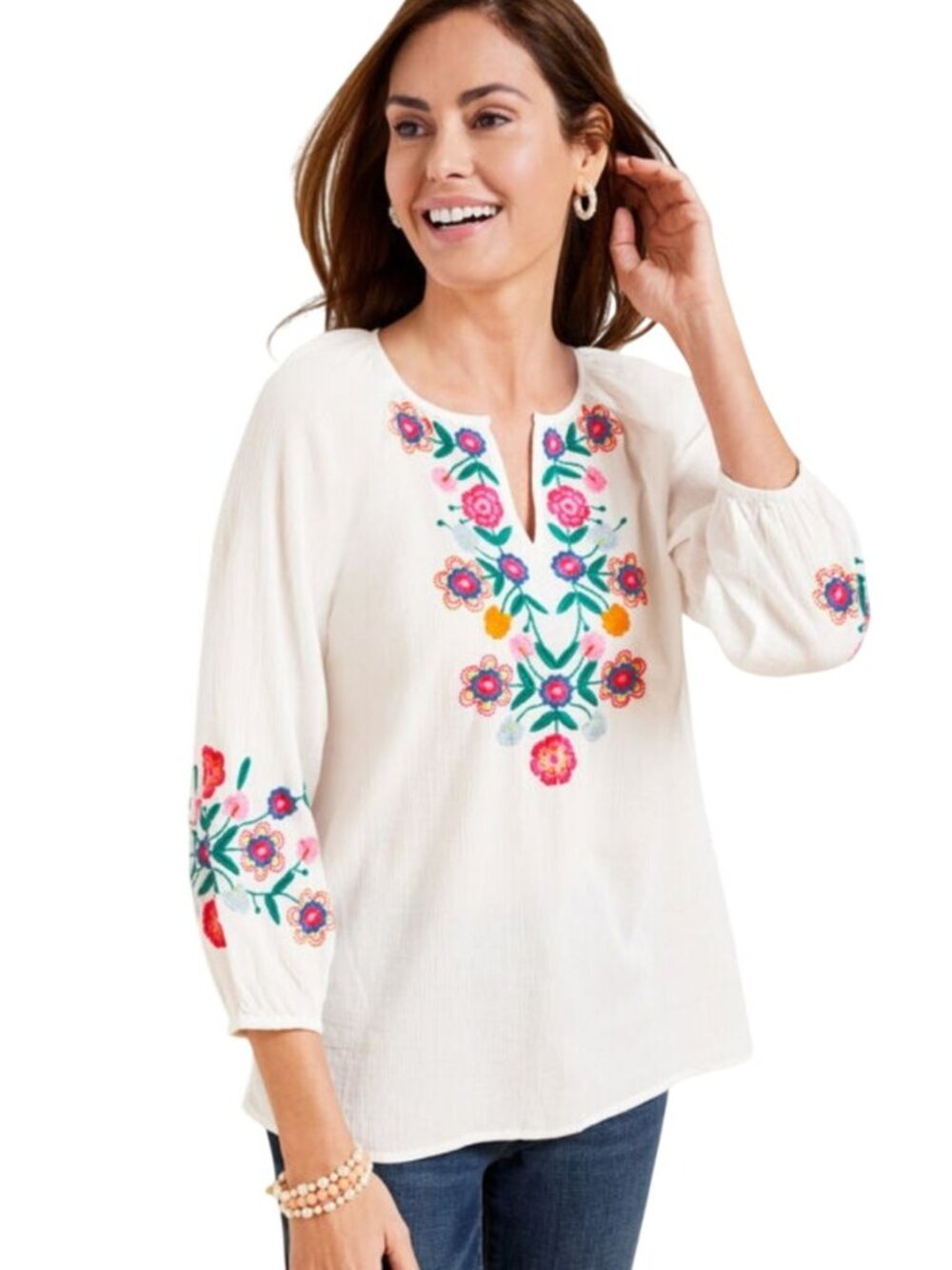 Talbots Embroidered Gauze Top 3/4 Embroidered Balloon Sieeve V Neck Size XS